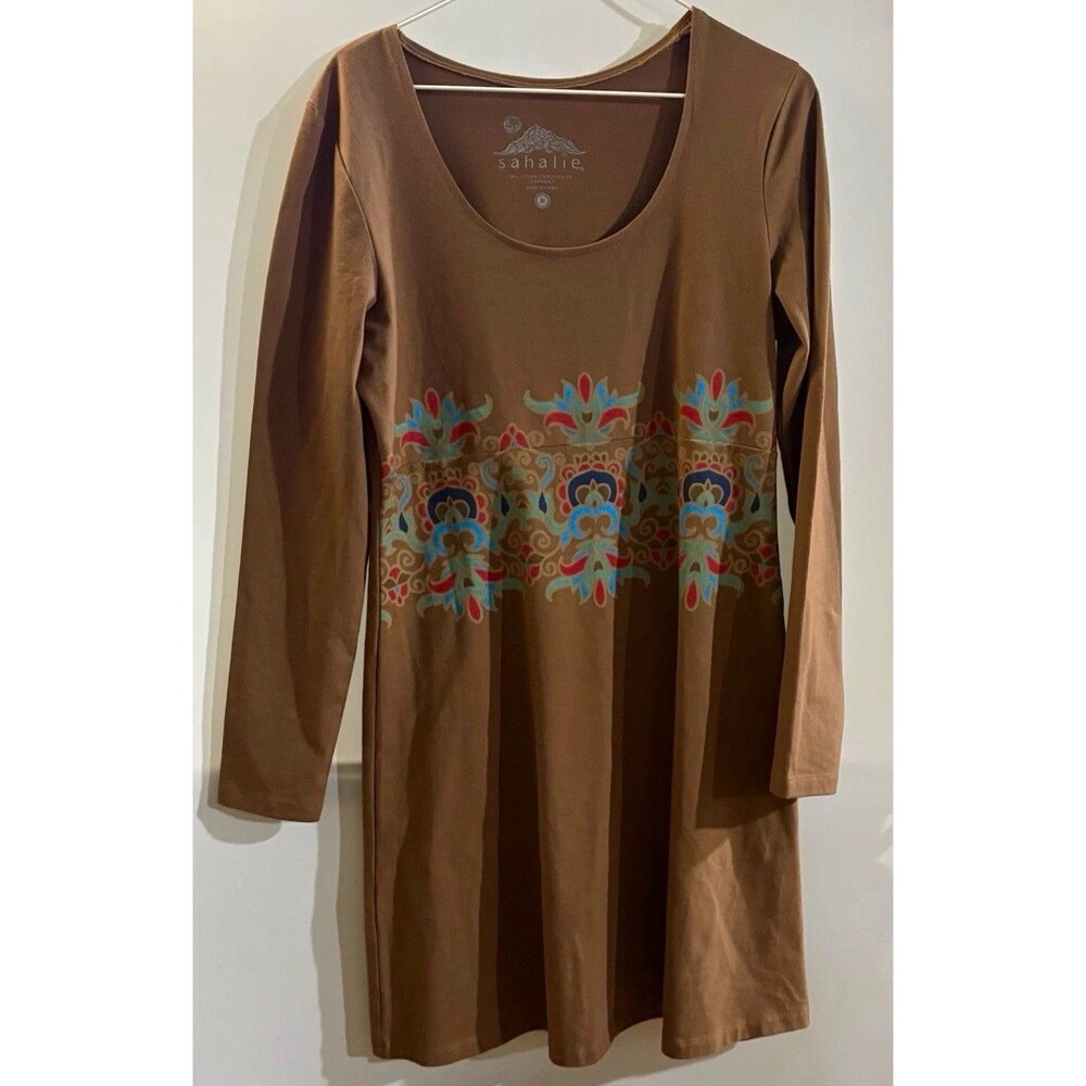 Sahalie Brown Floral Knit A-Line Scoop Neck Long Sleeve Knee Dress Women’s M